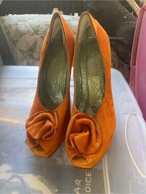 Irregular Choice Orange Suede Peep-Toe Heels with Rosette